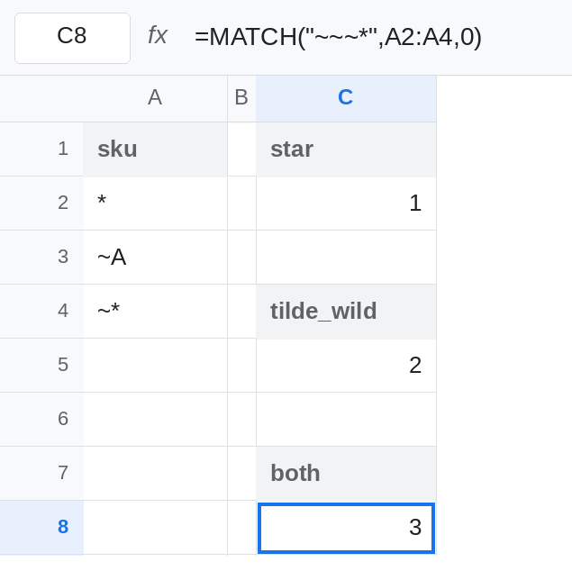 C8 selected. Formula bar shows =MATCH("~~~*",A2:A4,0). C8 is 3, the row of tilde asterisk. C5 is 2 from the pattern ~~* which matched tilde A first. C2 is 1.