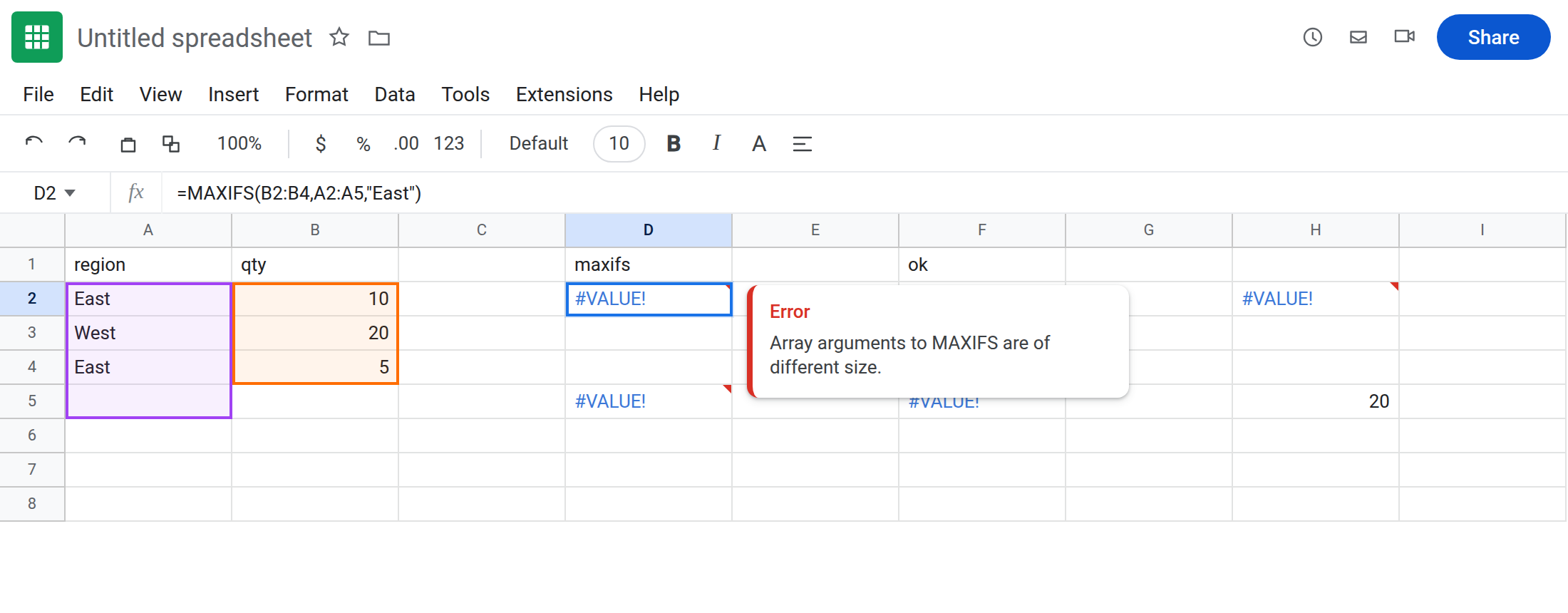 D2 selected. Formula bar shows =MAXIFS(B2:B4,A2:A5,"East"). D2 is #VALUE!. Tooltip: Array arguments to MAXIFS are of different size. B2:B4 is three rows. A2:A5 is four.