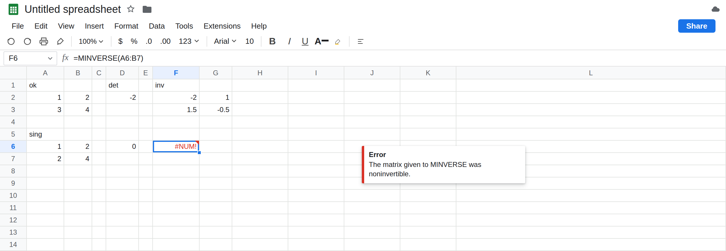 F6 selected. Formula bar shows =MINVERSE(A6:B7). F6 is #NUM!. D6 is 0 from MDETERM. A6:B7 is 1, 2, 2, 4. F2 is -2 from MINVERSE of 1, 2, 3, 4.