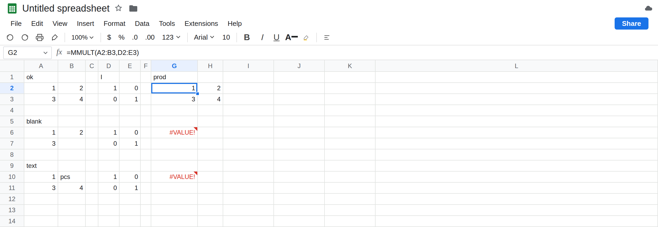 G2 selected. Formula bar shows =MMULT(A2:B3,D2:E3). G2:H3 is 1, 2, 3, 4 with no error triangle. G6 is still #VALUE! because B7 is blank. G10 is still #VALUE! because B10 is pcs.