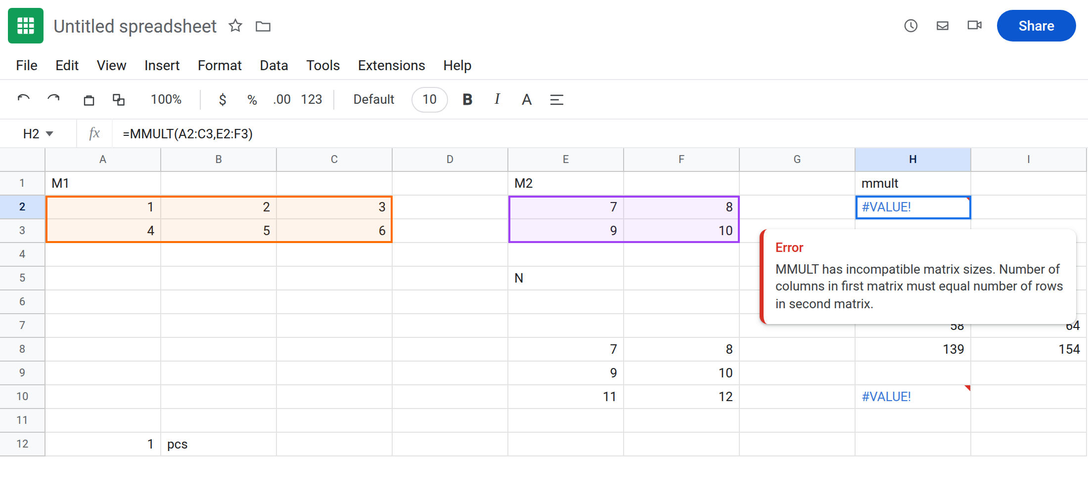 H2 selected. Formula bar shows =MMULT(A2:C3,E2:F3). H2 is #VALUE!. Tooltip names incompatible matrix sizes. A2:C3 is 2×3. E2:F3 is 2×2.
