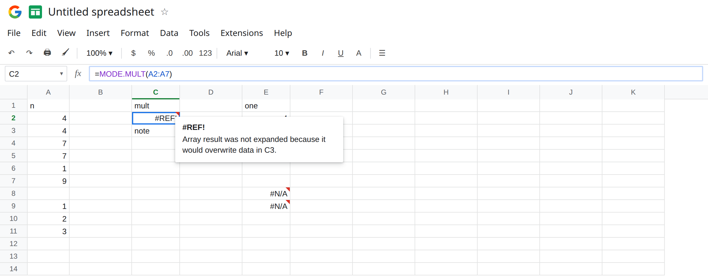 C2 selected. Formula bar shows =MODE.MULT(A2:A7). C2 is #REF!. C3 is the text note. Tooltip: array result was not expanded because it would overwrite data. A2:A3 are 4. A4:A5 are 7.