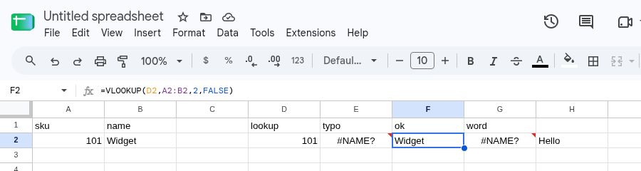 F2 selected. Formula bar shows =VLOOKUP(D2,A2:B2,2,FALSE). F2 is Widget. E2 is still #NAME? from VLOKUP.