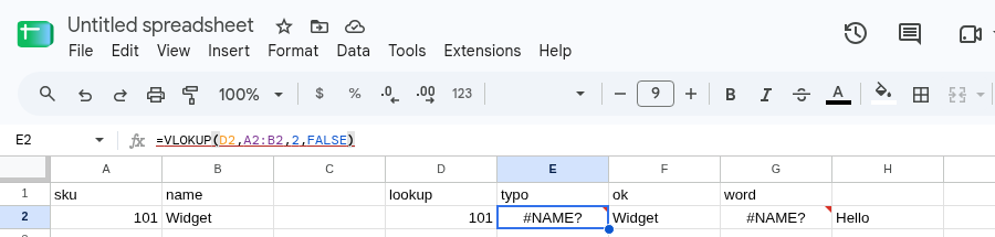 E2 selected. Formula bar shows =VLOKUP(D2,A2:B2,2,FALSE). E2 is #NAME?. F2 is Widget from the correct VLOOKUP.