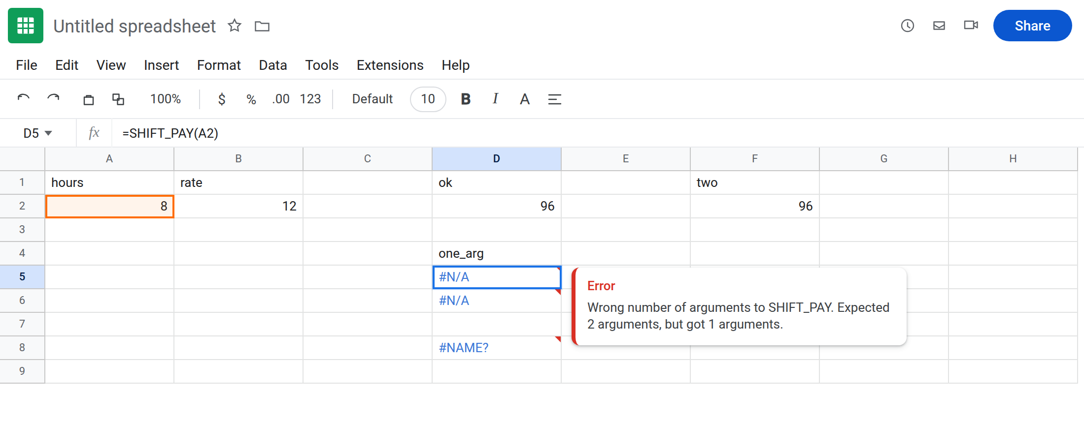 D5 selected. Formula bar shows =SHIFT_PAY(A2). D5 is #N/A. Tooltip: Wrong number of arguments to SHIFT_PAY. Expected 2 arguments, but got 1 arguments. D2 is 96.