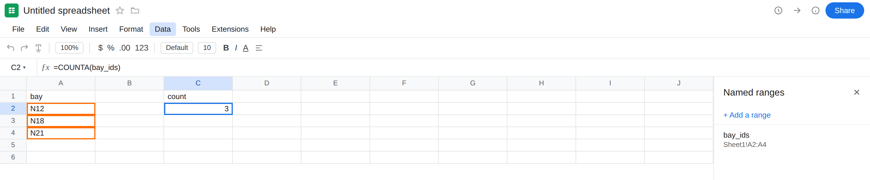 C2 selected. Formula bar shows =COUNTA(bay_ids). C2 is 3 with no error triangle. Data → Named ranges lists bay_ids = Sheet1!A2:A4. A2:A4 is N12, N18, N21.