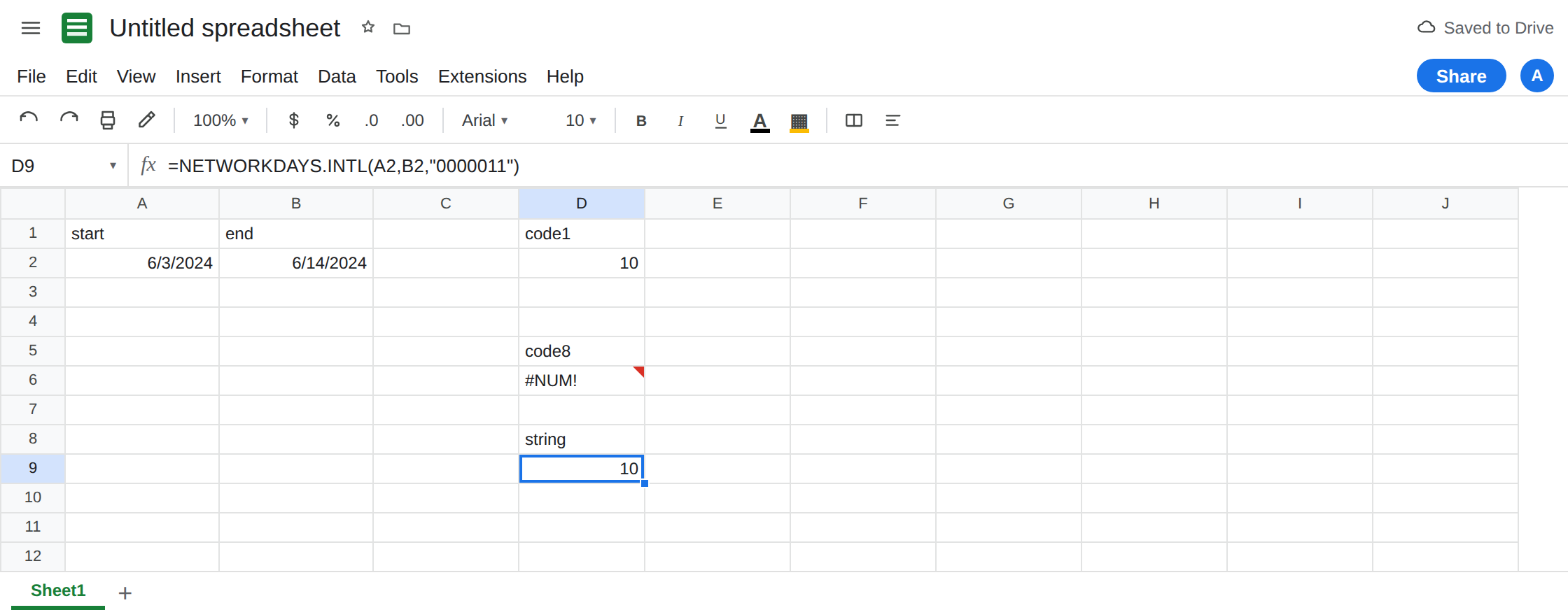 D9 selected. Formula bar shows =NETWORKDAYS.INTL(A2,B2,"0000011"). D9 is 10 with no error triangle. D6 is still #NUM! from weekend code 8. D2 is 10.
