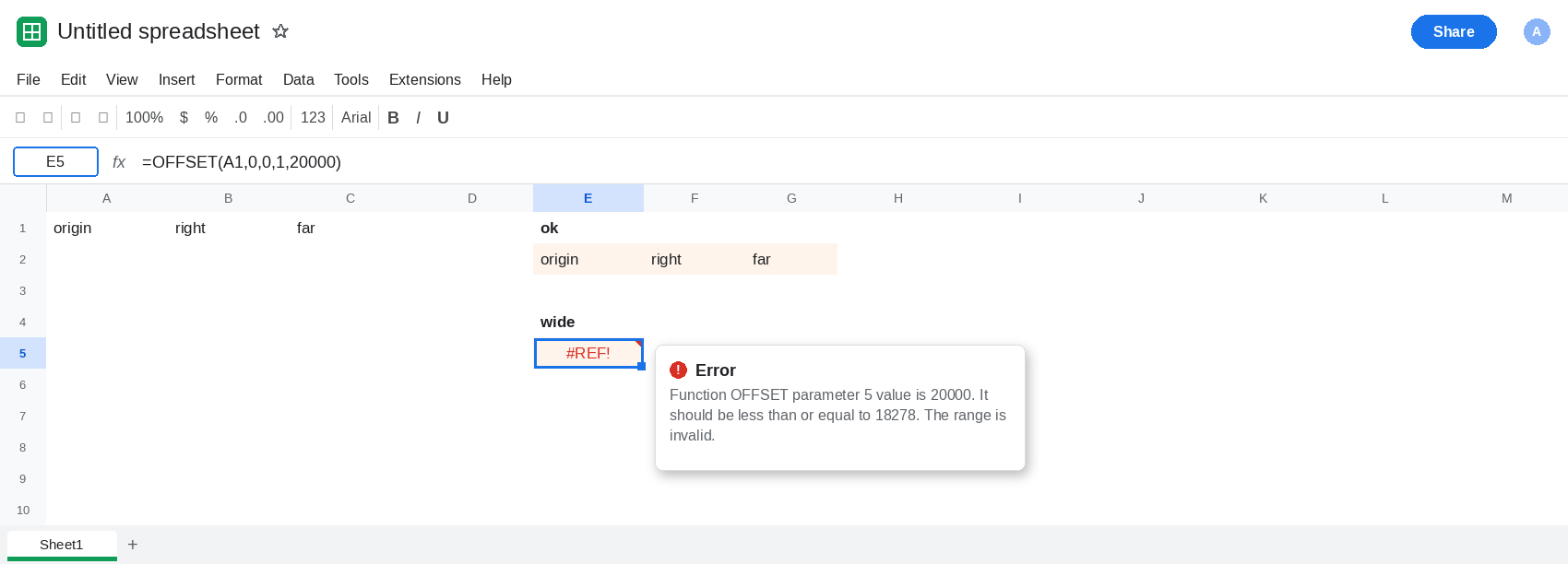 E5 selected. Formula bar shows =OFFSET(A1,0,0,1,20000). E5 is #REF!. Tooltip is the invalid-range message. E2 spills origin, right, far from OFFSET with width 3. A1 is origin.