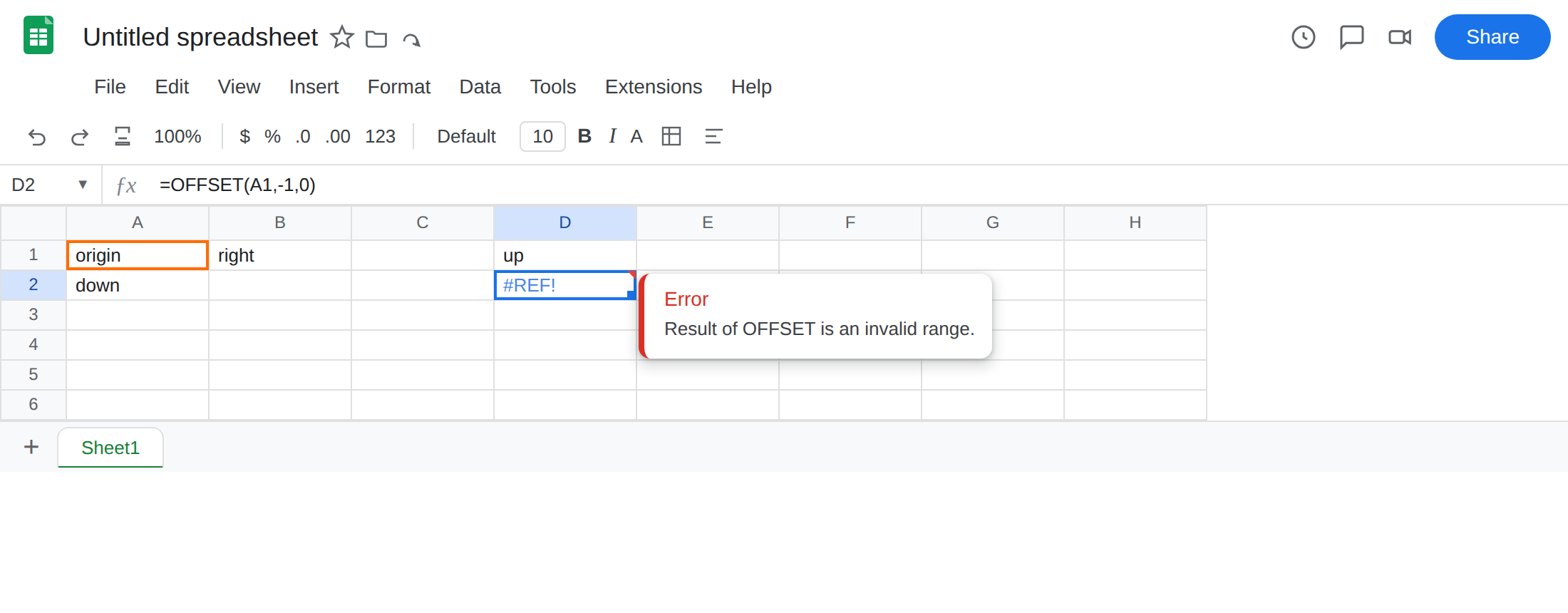D2 selected. Formula bar shows =OFFSET(A1,-1,0). D2 is #REF!. Tooltip: Result of OFFSET is an invalid range. A1 is origin.