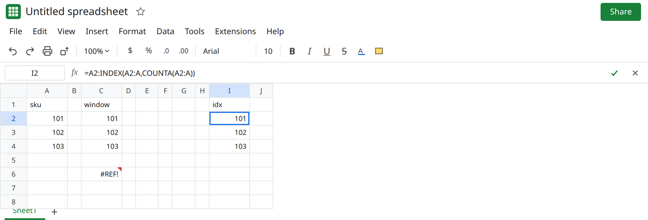 I2 selected. Formula bar shows =A2:INDEX(A2:A,COUNTA(A2:A)). I2:I4 spill 101, 102, 103. C2 still uses OFFSET and spills the same skus. C6 is #REF!.