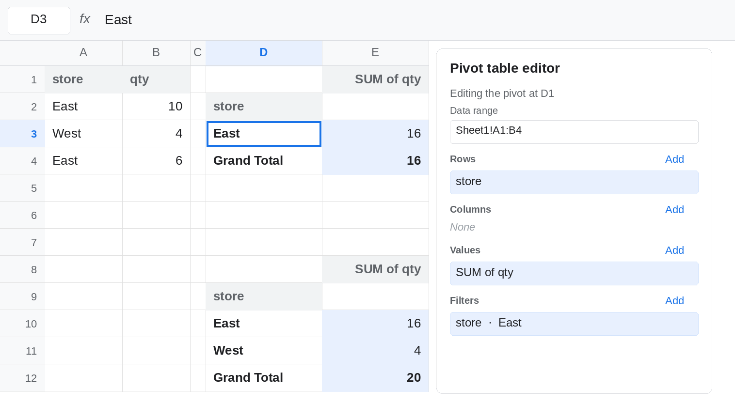 Pivot at D1 filtered to East in the pivot editor, showing East 16 only. Pivot at D8 on the same source still shows East 16 and West 4. No slicer yet.