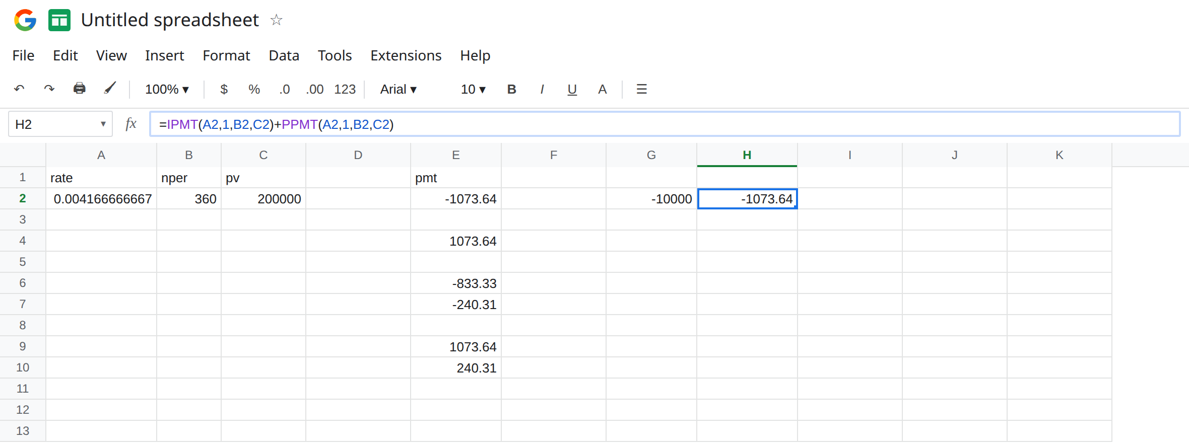 H2 selected. Formula bar shows =IPMT(A2,1,B2,C2)+PPMT(A2,1,B2,C2). H2 is -1073.64, the same as E2. E4 is 1073.64 from a negative present value. E10 is 240.31 from ABS of the payment plus IPMT.