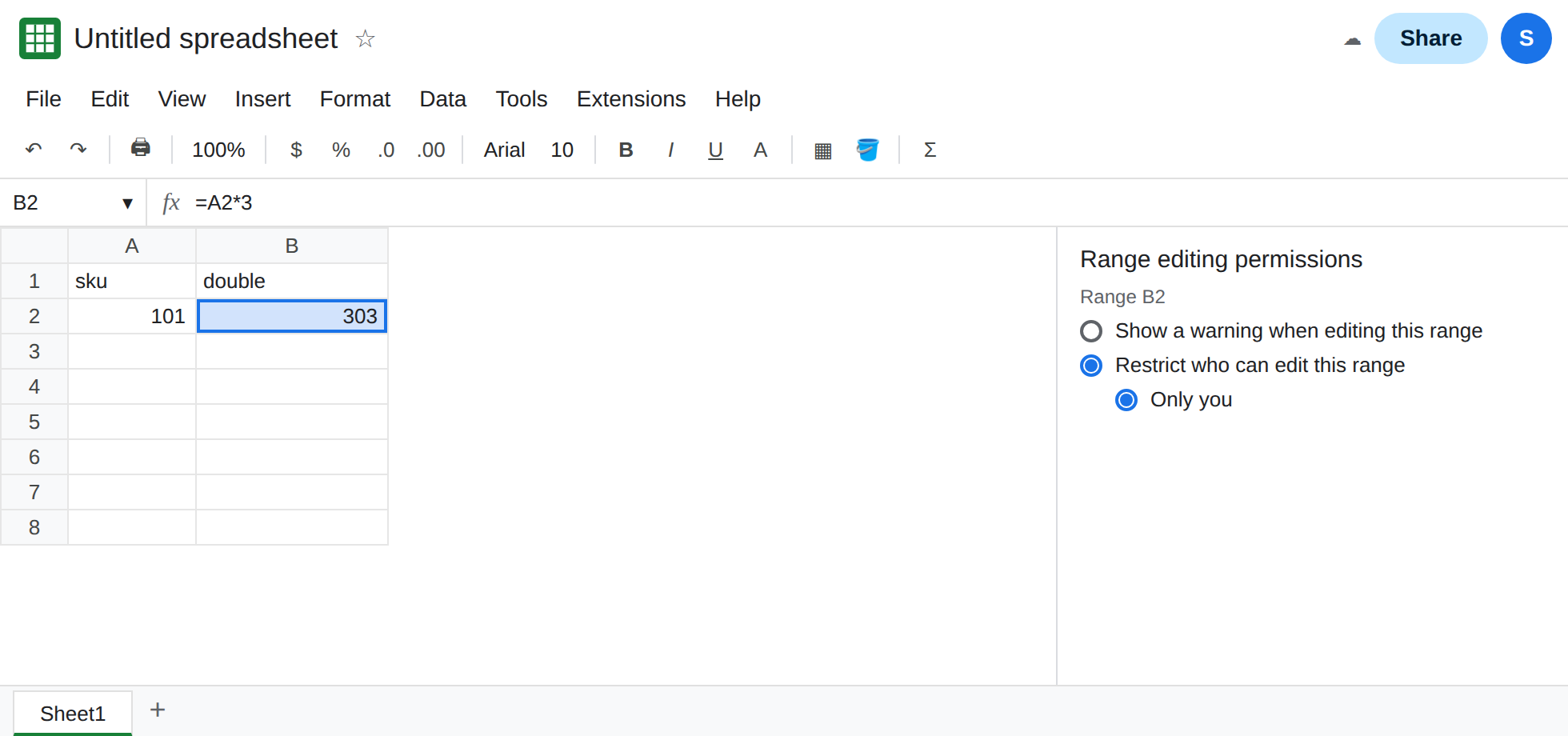 Protect sheets and ranges. The B2 rule permissions are Restrict who can edit this range, Only you. Show a warning is not selected.