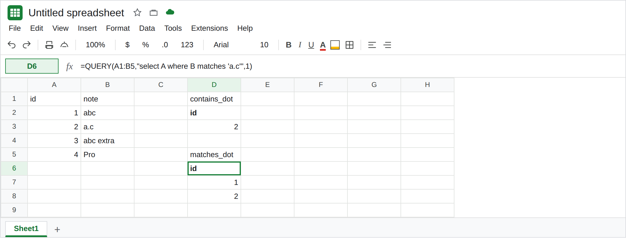 D6 selected. Formula bar shows a QUERY where B matches 'a.c'. The spill ids are 1 and 2. D2, contains 'a.c', spills only id 2. B2 is abc, B3 is a.c, B4 is abc extra.