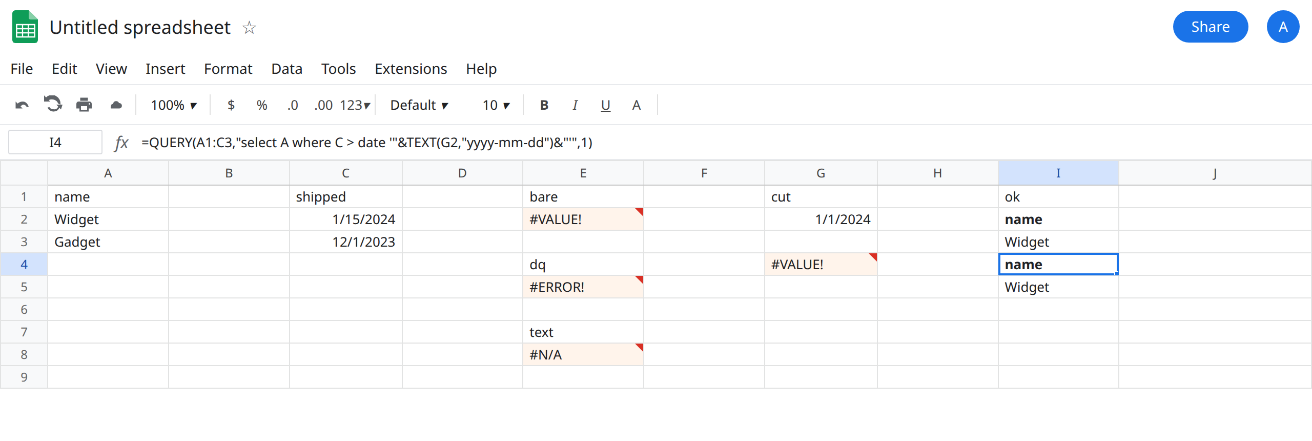I4 selected. Formula bar shows QUERY where C > date, then TEXT of G2 as yyyy-mm-dd inside single quotes. The spill includes Widget. E2 is still #VALUE!. E5 is still Formula parse error.
