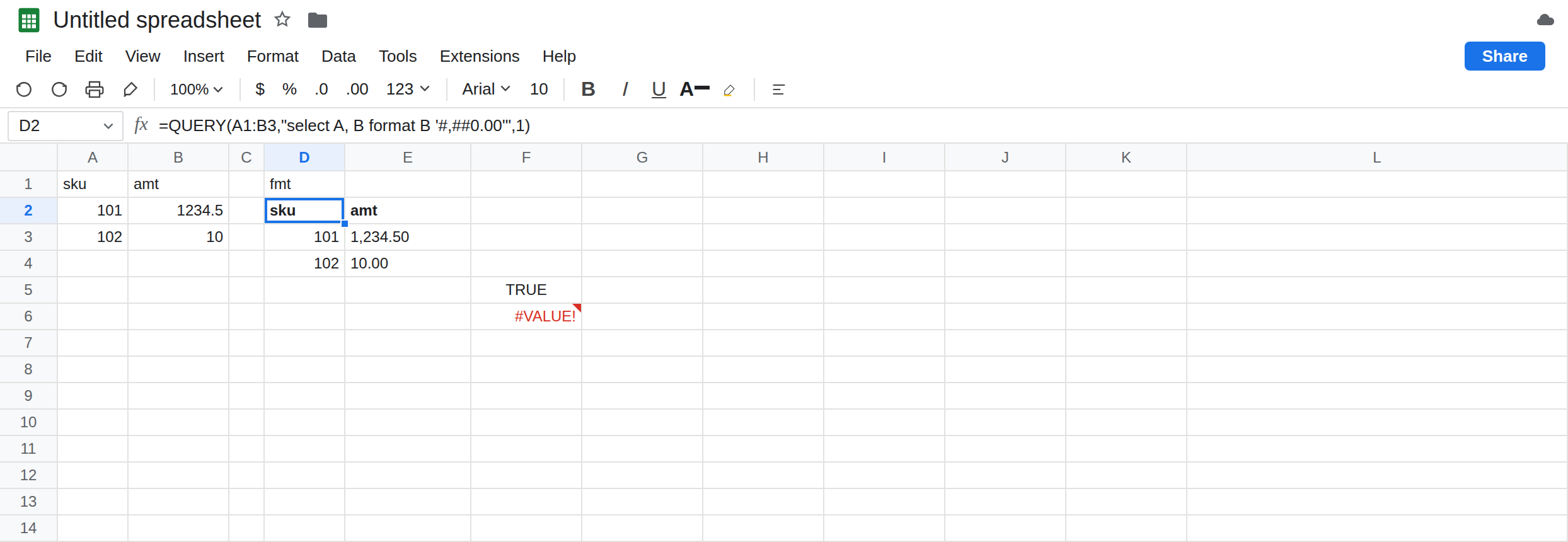 The QUERY cell selected. Formula bar shows QUERY of A1:B3 with format B '#,##0.00'. The spill shows 1,234.50. A neighboring +1 on that formatted cell is #VALUE!. B2 is the number 1234.5.
