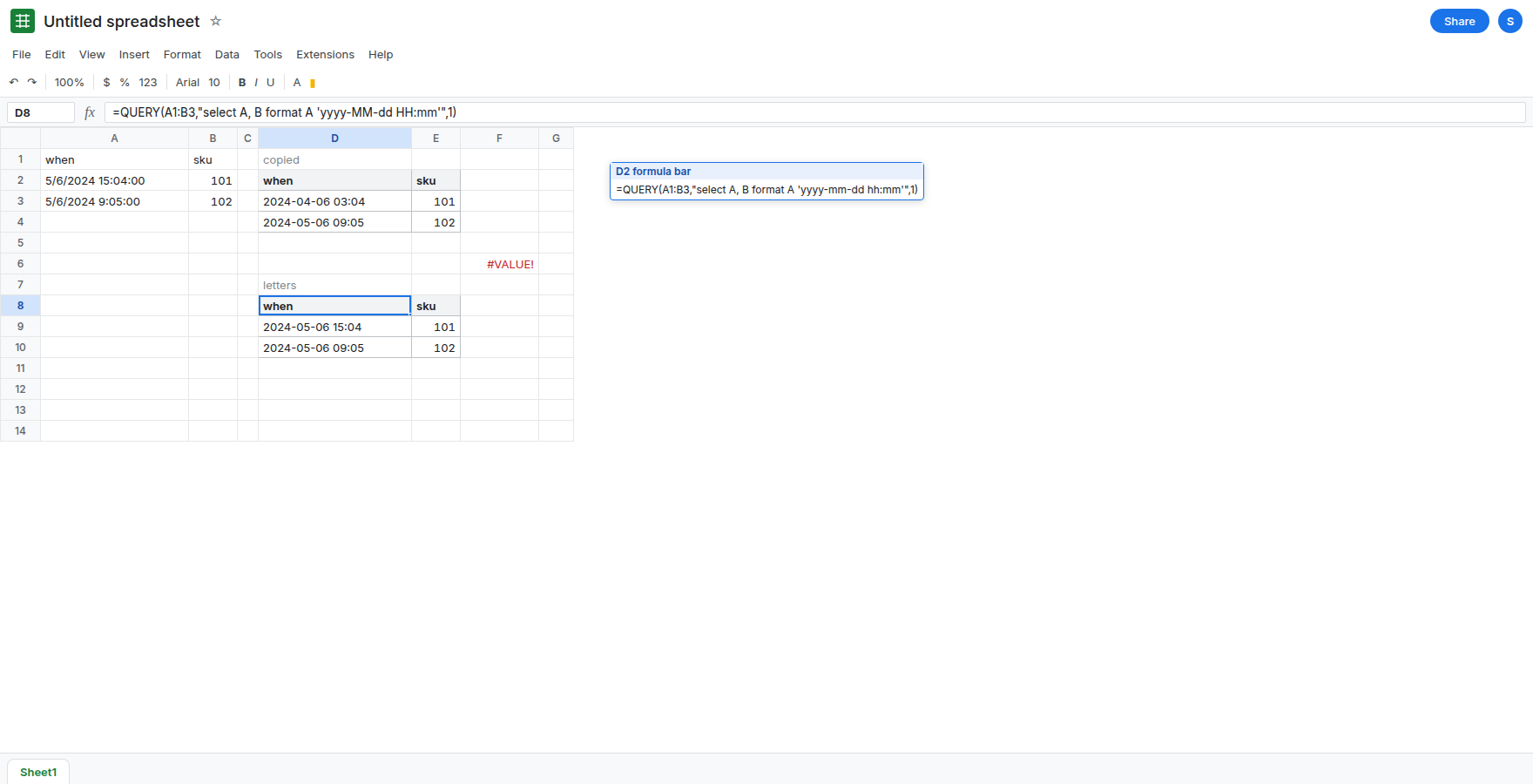 D8 selected. Formula bar shows format A 'yyyy-MM-dd HH:mm'. The spill shows 2024-05-06 15:04 and 2024-05-06 09:05. D2 still uses mm and hh. F6 is still #VALUE!.