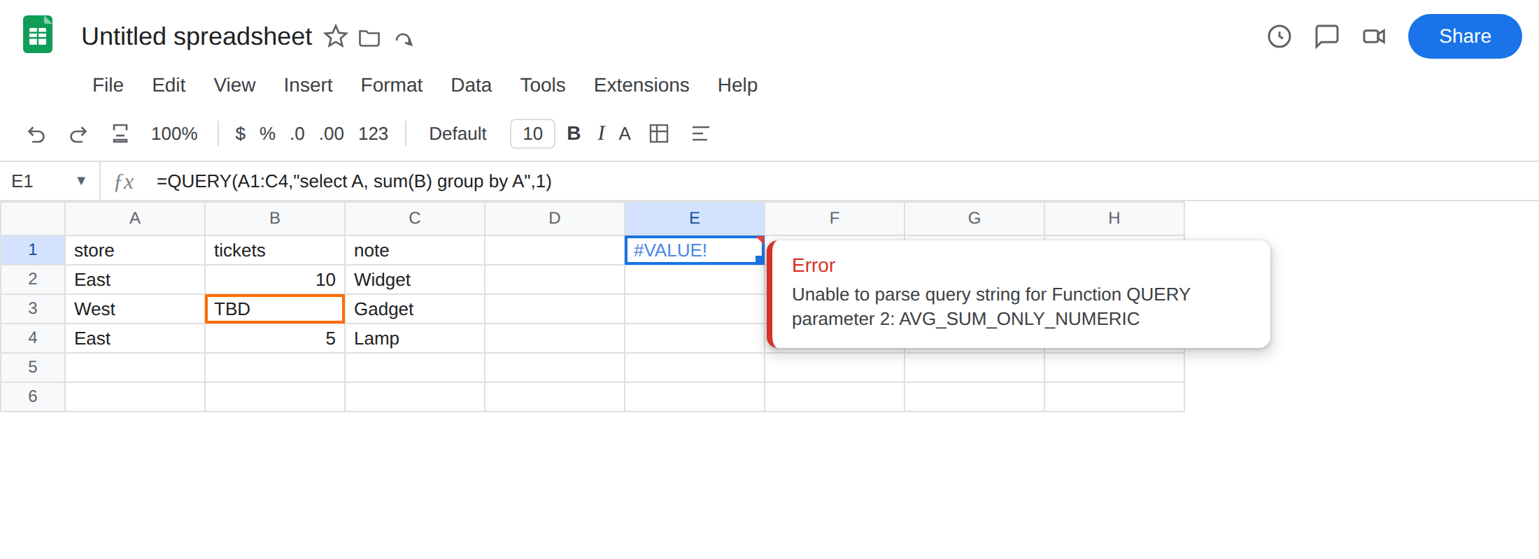 E1 selected. Formula bar shows =QUERY(A1:C4,"select A, sum(B) group by A",1). E1 is #VALUE!. Tooltip: Unable to parse query string for Function QUERY parameter 2: AVG_SUM_ONLY_NUMERIC. B3 is TBD.