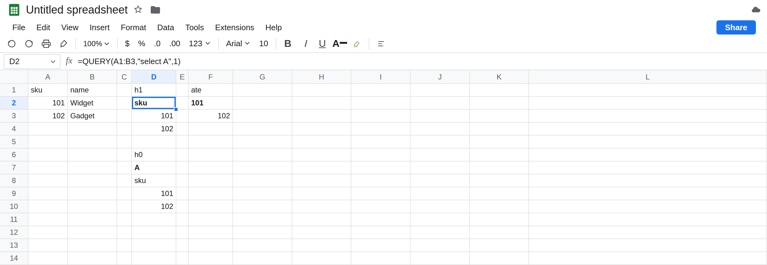 D2 selected. Formula bar shows =QUERY(A1:B3,"select A",1). Header sku, values 101 and 102. F2 still shows 101 as the label and 102 as the only value, from QUERY of A2:B3 with headers 1.