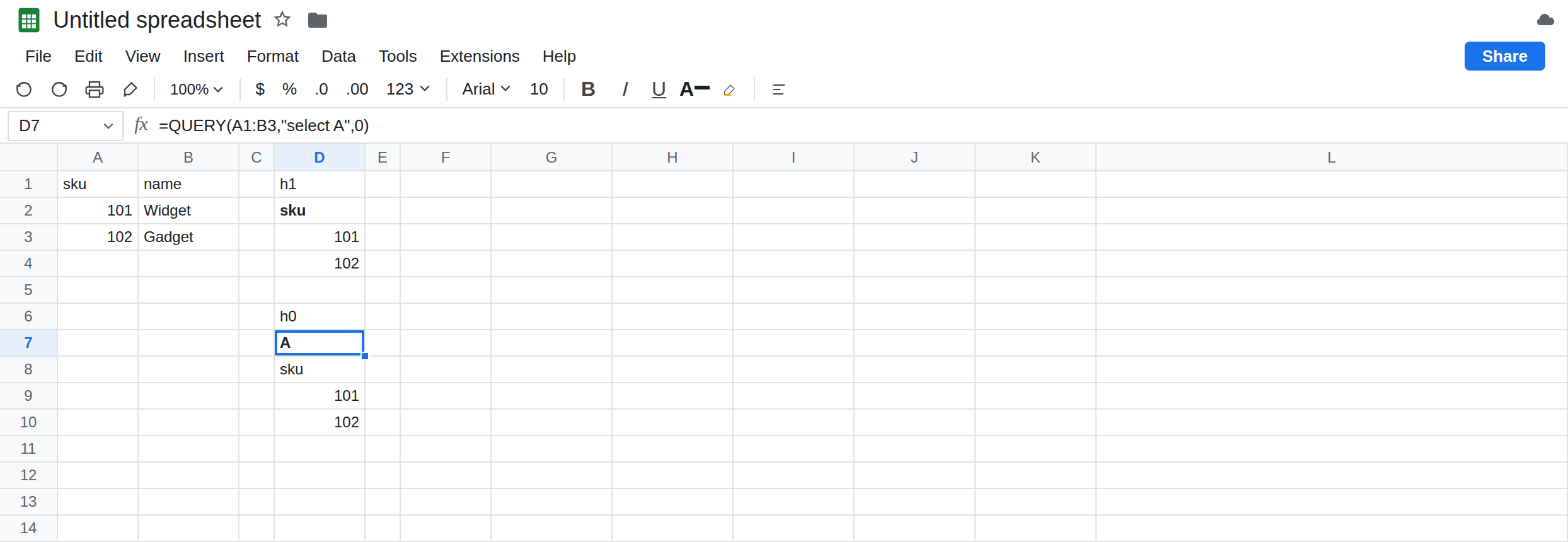 D7 selected. Formula bar shows =QUERY(A1:B3,"select A",0). The body includes sku, 101, and 102. D2 from headers 1 shows sku as the label and only 101 and 102 as values.