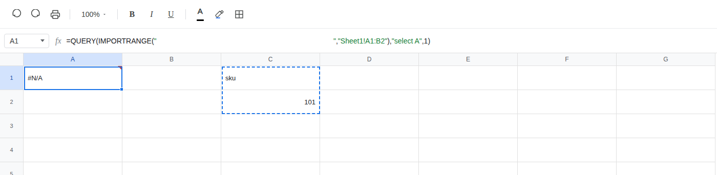 A1 selected. Formula bar shows =QUERY(IMPORTRANGE(…)) with the spreadsheet id masked, range "Sheet1!A1:B2", "select A",1. A1 is #N/A. C1 is sku and C2 is 101.