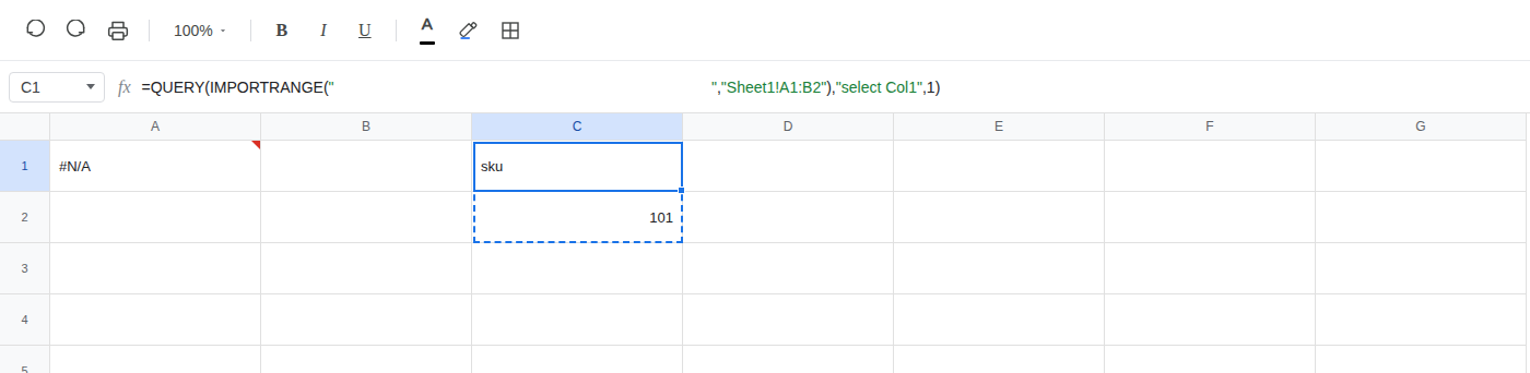 C1 selected. Formula bar shows =QUERY(IMPORTRANGE(…)) with the spreadsheet id masked, range "Sheet1!A1:B2", "select Col1",1. C1 is sku and C2 is 101. A1 is still #N/A.