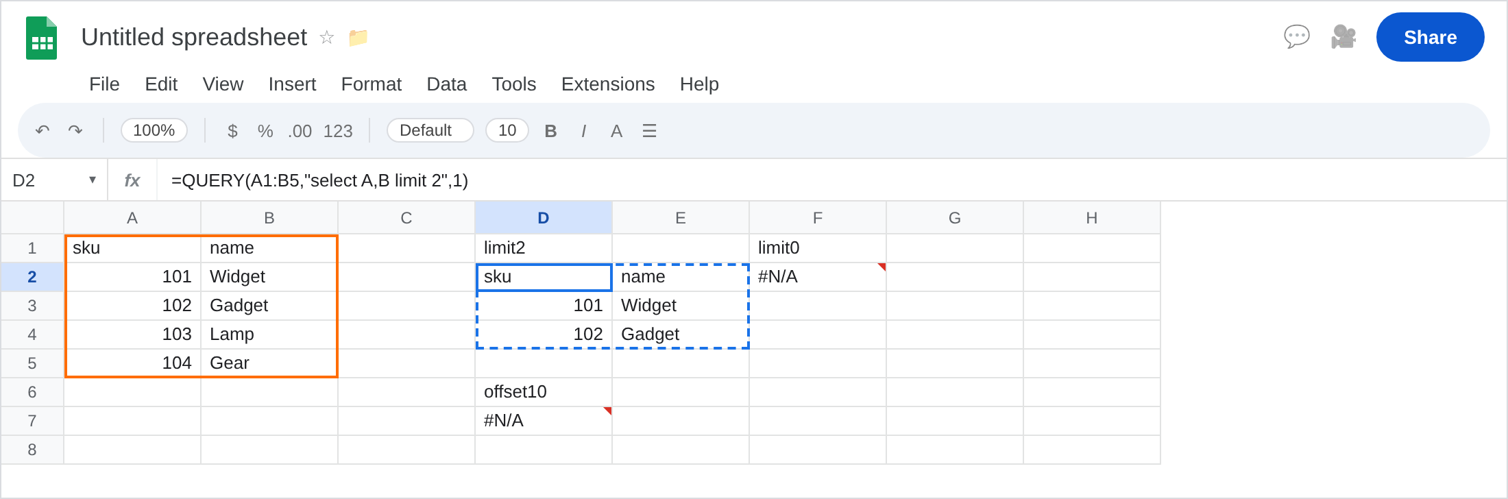 D2 selected. Formula bar shows =QUERY(A1:B5,"select A,B limit 2",1). Spill is sku/name plus 101 Widget and 102 Gadget. D7 is still #N/A from offset 10. F2 is still #N/A from limit 0.