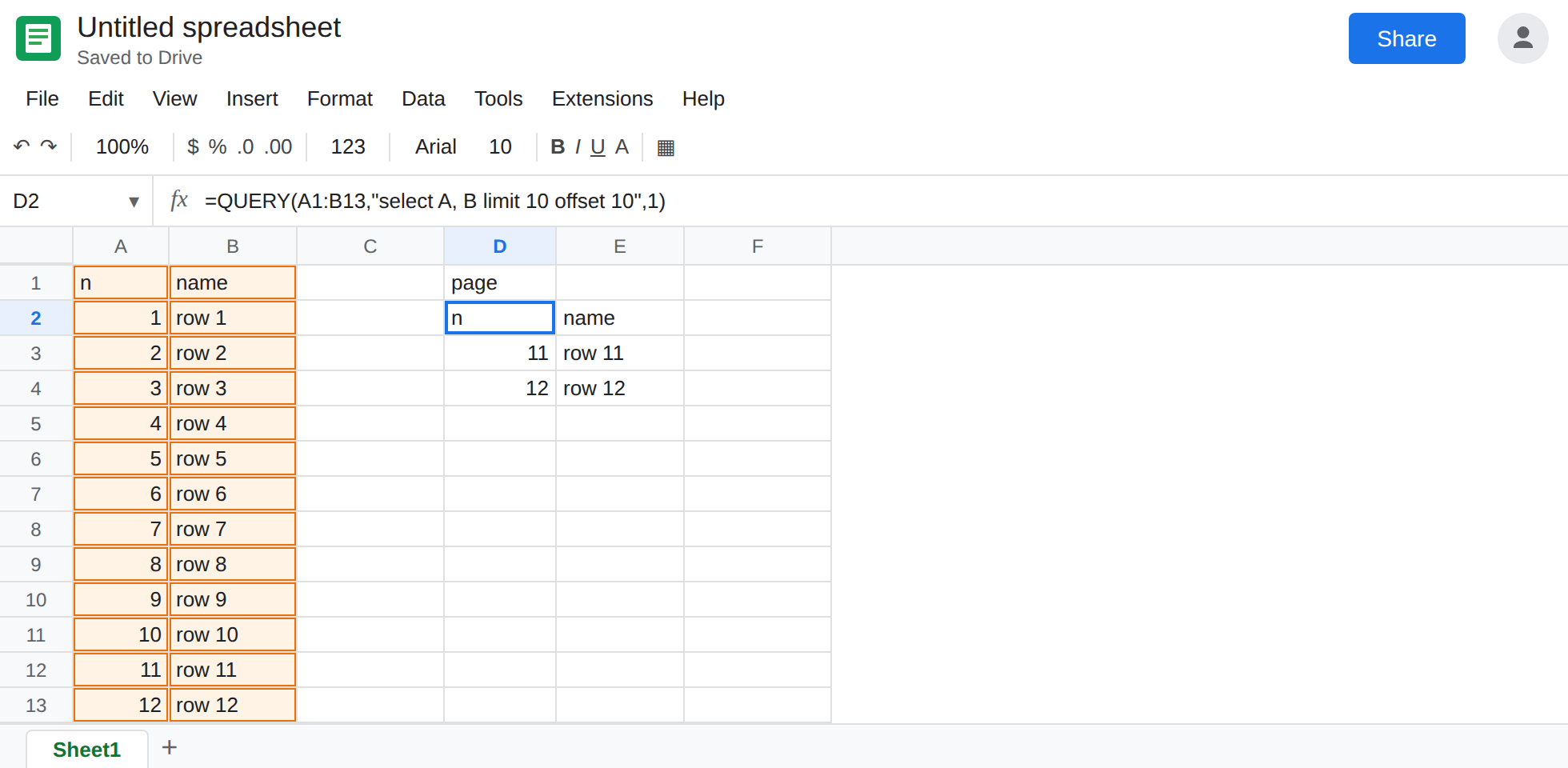 D2 selected. Formula bar shows =QUERY(A1:B13,"select A, B limit 10 offset 10",1). The spill header is n, name. Data rows are 11 and 12. Row 10 is not in the spill.