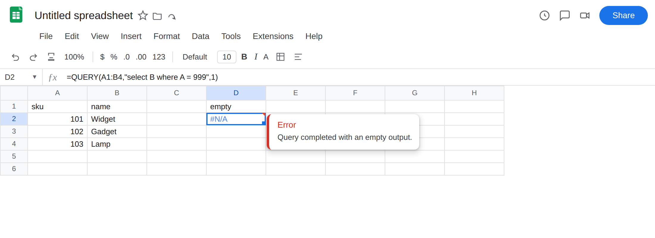 D2 selected. Formula bar shows =QUERY(A1:B4,"select B where A = 999",1). D2 is #N/A. Tooltip: Query completed with an empty output.