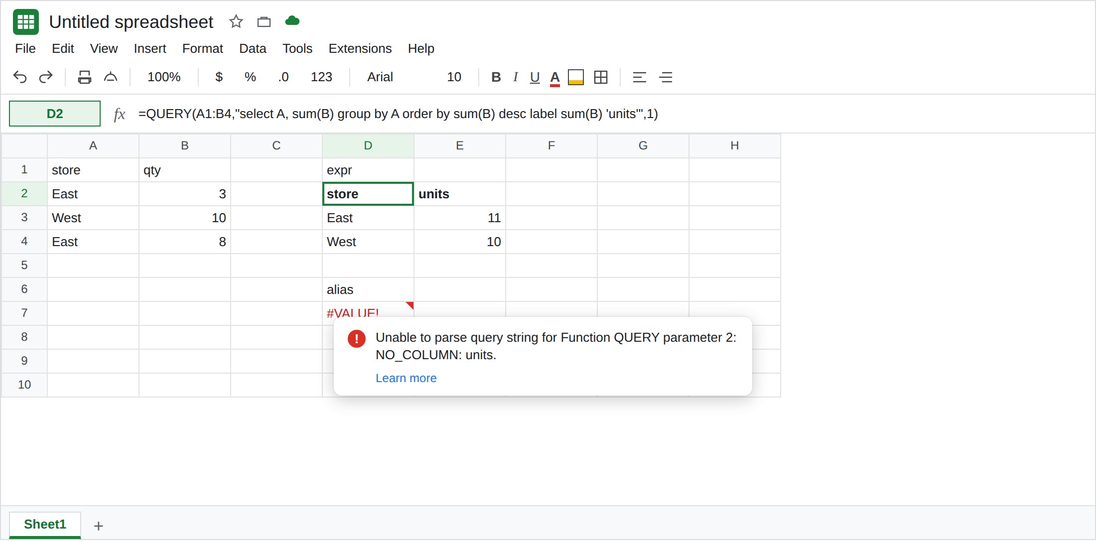 D2 selected. Formula bar shows order by sum(B) desc label sum(B) 'units'. Spill is East 11 then West 10. D7 is still #VALUE! with NO_COLUMN: units.