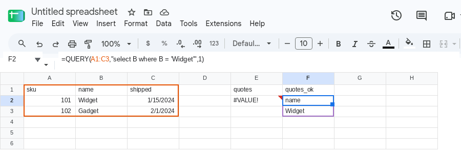 F2 selected. Formula bar shows =QUERY(A1:C3,"select B where B = 'Widget'",1). Spill is name / Widget. E2 is still #VALUE!.