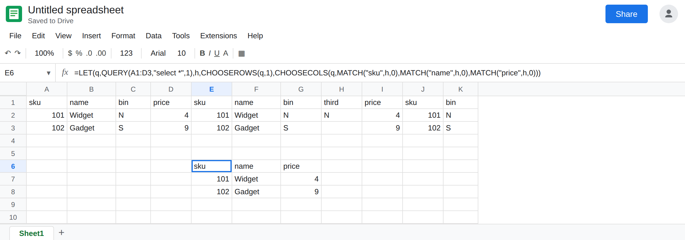 E6 selected. Formula bar shows LET with QUERY select star, then CHOOSECOLS by MATCH on sku, name, and price. The spill is those three columns. H2 is still N.