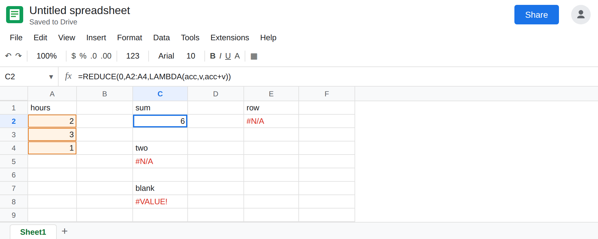 C2 selected. Formula bar shows =REDUCE(0,A2:A4,LAMBDA(acc,v,acc+v)). C2 is 6. C5 is still #N/A from two arguments. E2 is still a nested array from {0,0}.