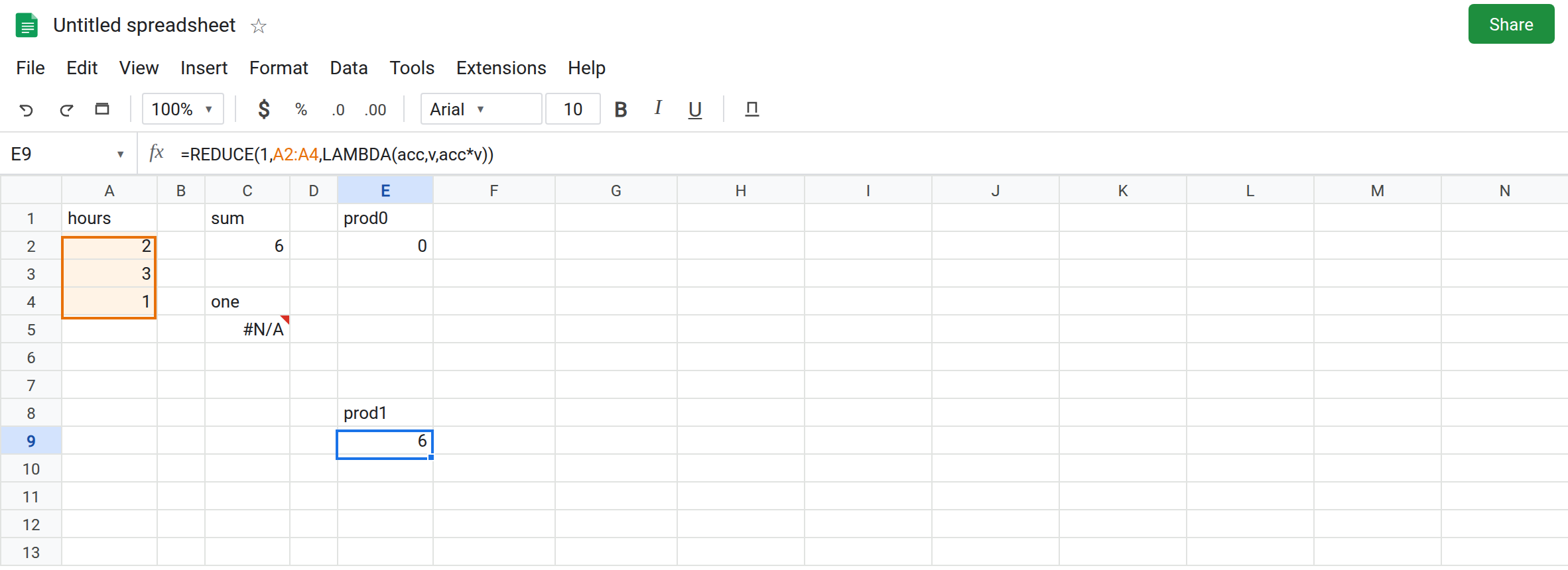 E9 selected. Formula bar shows =REDUCE(1,A2:A4,LAMBDA(acc,v,acc*v)). E9 is 6 with no error triangle. E2 is still 0 because that product started at 0. C2 is 6 from a sum. C5 is still #N/A.