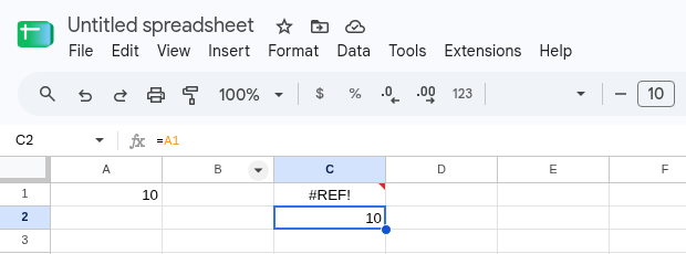 C2 selected. Formula bar shows =A1. C2 is 10. C1 is still #REF! with #REF! in the formula.