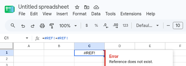 C1 selected. Formula bar shows =#REF!+#REF!. C1 is #REF! after A1:A2 were deleted with shift up.
