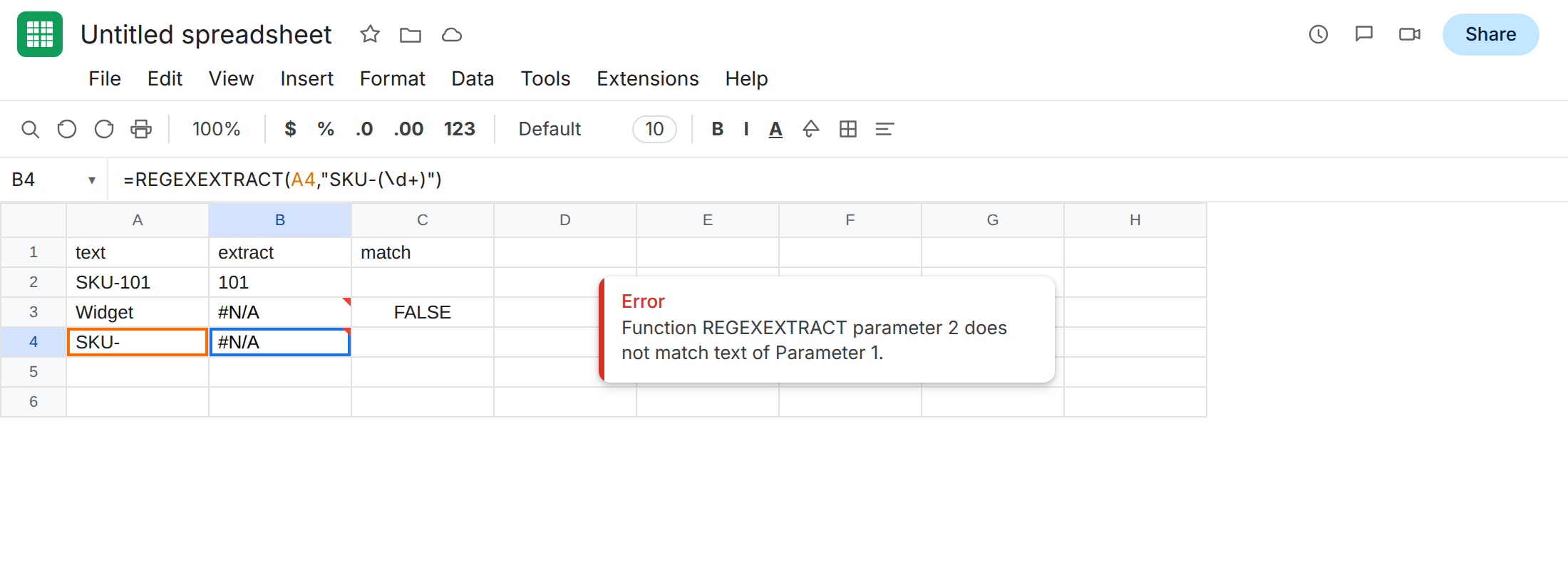 B4 selected. Formula bar shows =REGEXEXTRACT(A4,"SKU-(\d+)"). A4 is SKU-. B4 is #N/A. B3 is still #N/A. C3 is FALSE.