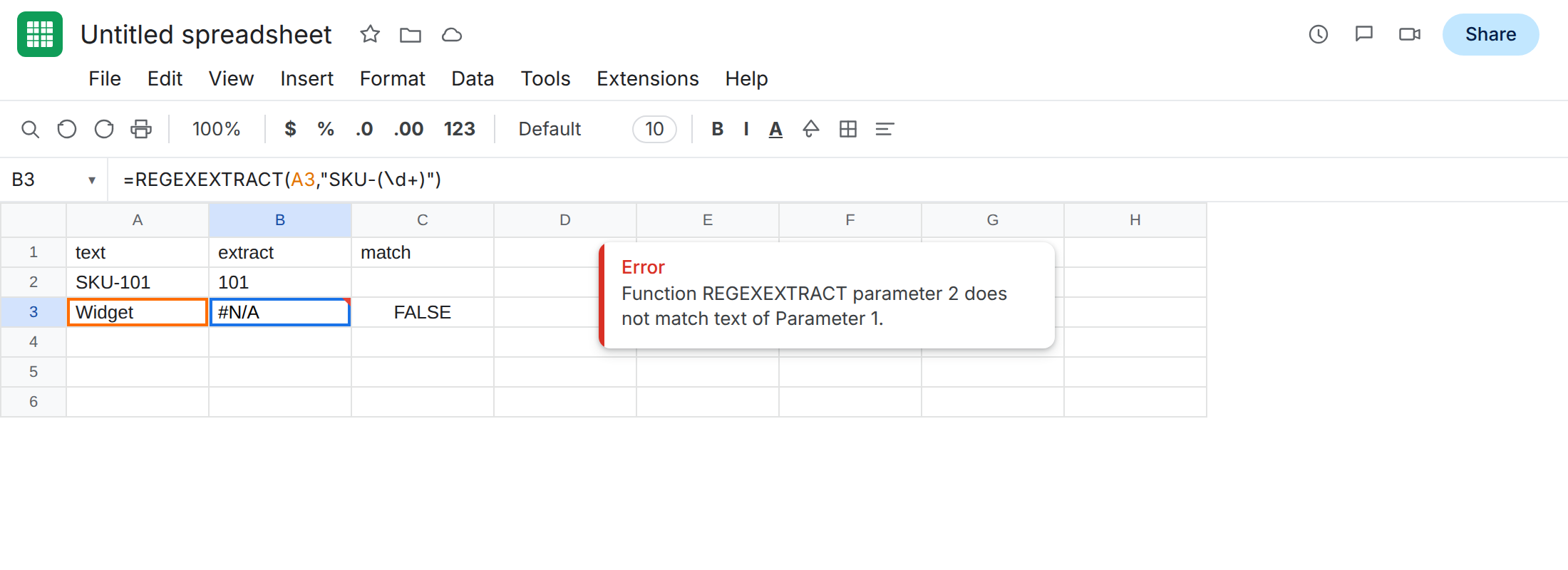 B3 selected. Formula bar shows =REGEXEXTRACT(A3,"SKU-(\d+)"). B3 is #N/A. C3 is FALSE. A3 is Widget. B2 is 101 from SKU-101.