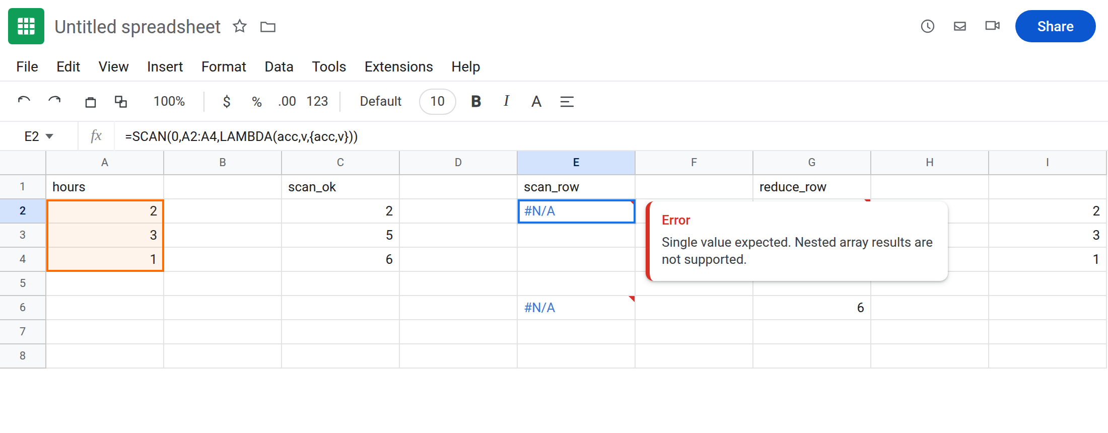 E2 selected. Formula bar shows =SCAN(0,A2:A4,LAMBDA(acc,v,{acc,v})). E2 is #N/A. Tooltip: Single value expected. Nested array results are not supported. C2:C4 is 2, 5, 6.