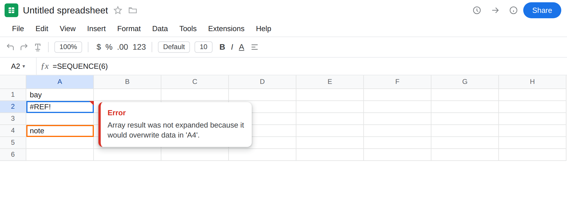 A2 selected. Formula bar shows =SEQUENCE(6). A2 is #REF!. A4 is note. Tooltip: Array result was not expanded because it would overwrite data in 'A4'.