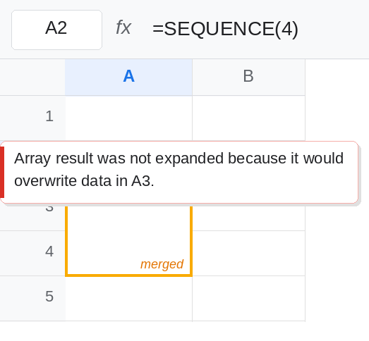 A2 selected. Formula bar shows =SEQUENCE(4). A2 is #REF!. Tooltip says the array was not expanded because it would overwrite A3. A3:A4 is merged and looks blank. A5 is empty.