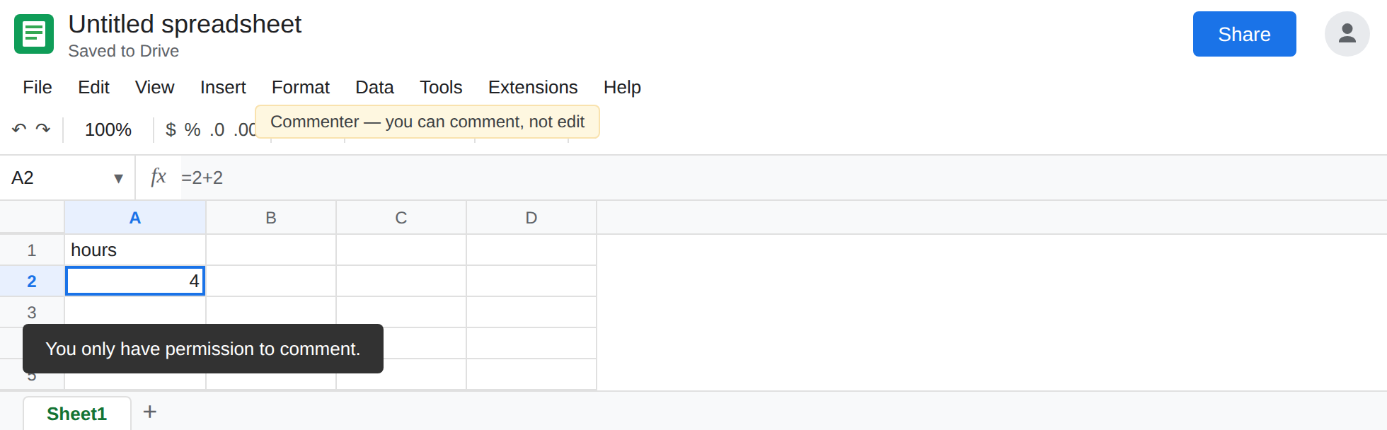 Signed in as Commenter. A2 is selected. The formula bar shows =2+2 and does not accept a new formula. A2 still displays 4.
