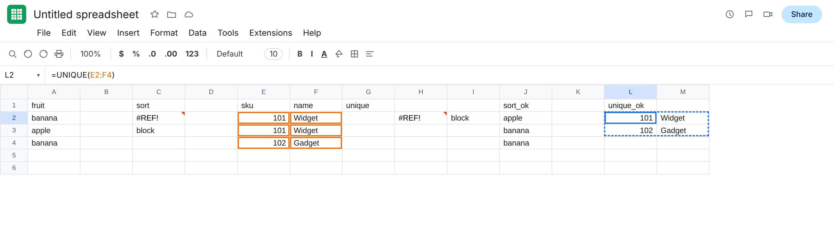 L2 selected. Formula bar shows =UNIQUE(E2:F4). L2:M3 is a two-column spill: 101 Widget, then 102 Gadget. J2:J4 is apple, banana, banana. C2 and H2 are still #REF!.
