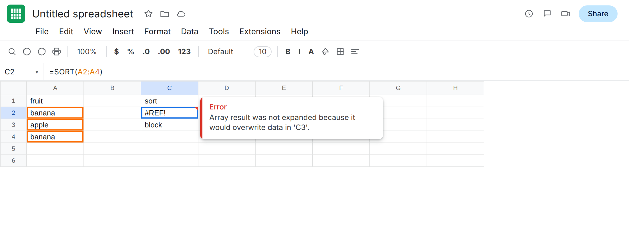 C2 selected. Formula bar shows =SORT(A2:A4). C2 is #REF!. C3 is block. Tooltip: Array result was not expanded because it would overwrite data in 'C3'.