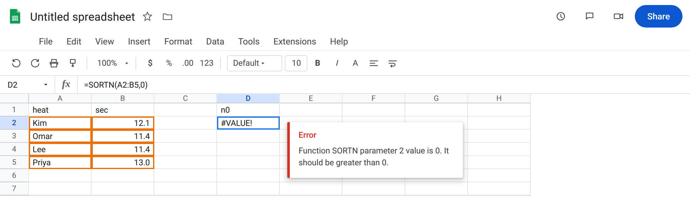 D2 selected. Formula bar shows =SORTN(A2:B5,0). D2 is #VALUE!. Tooltip: Function SORTN parameter 2 value is 0. It should be greater than 0. A2:B5 is four heats. Kim 12.1, Omar 11.4, Lee 11.4, Priya 13.0.