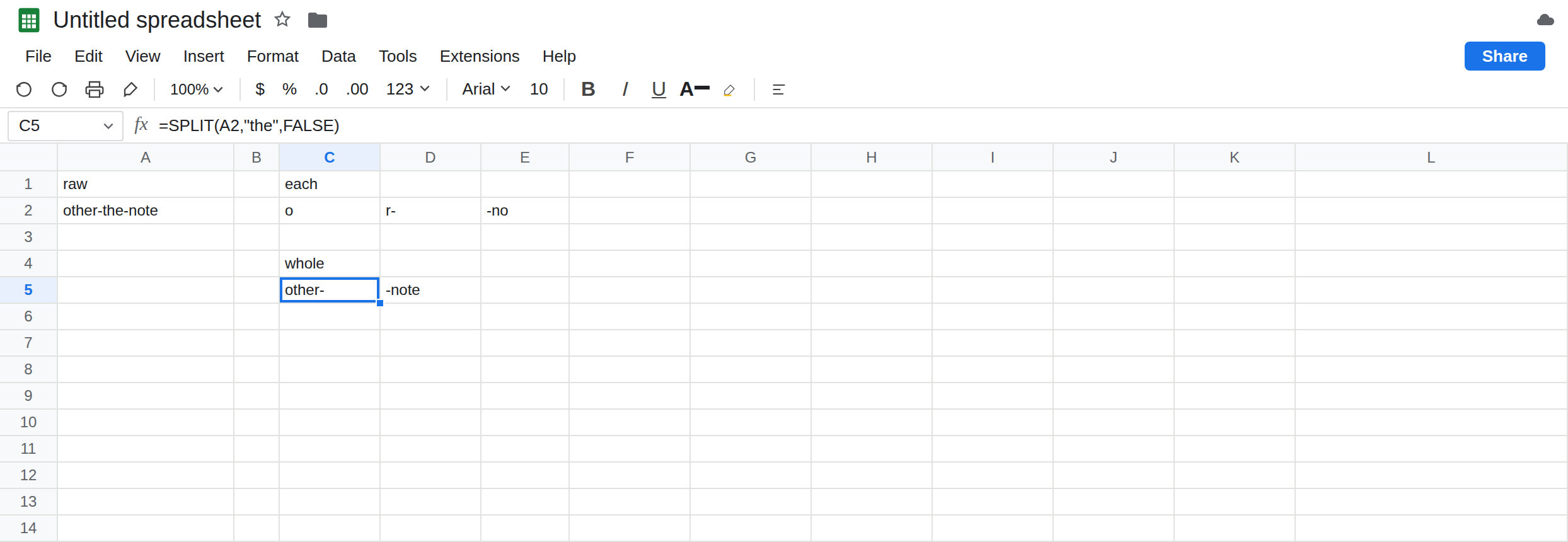 C5 selected. Formula bar shows =SPLIT(A2,"the",FALSE). Spill is other- and -note. C2 is still o, r-, -no from SPLIT without the third argument. A2 is other-the-note.