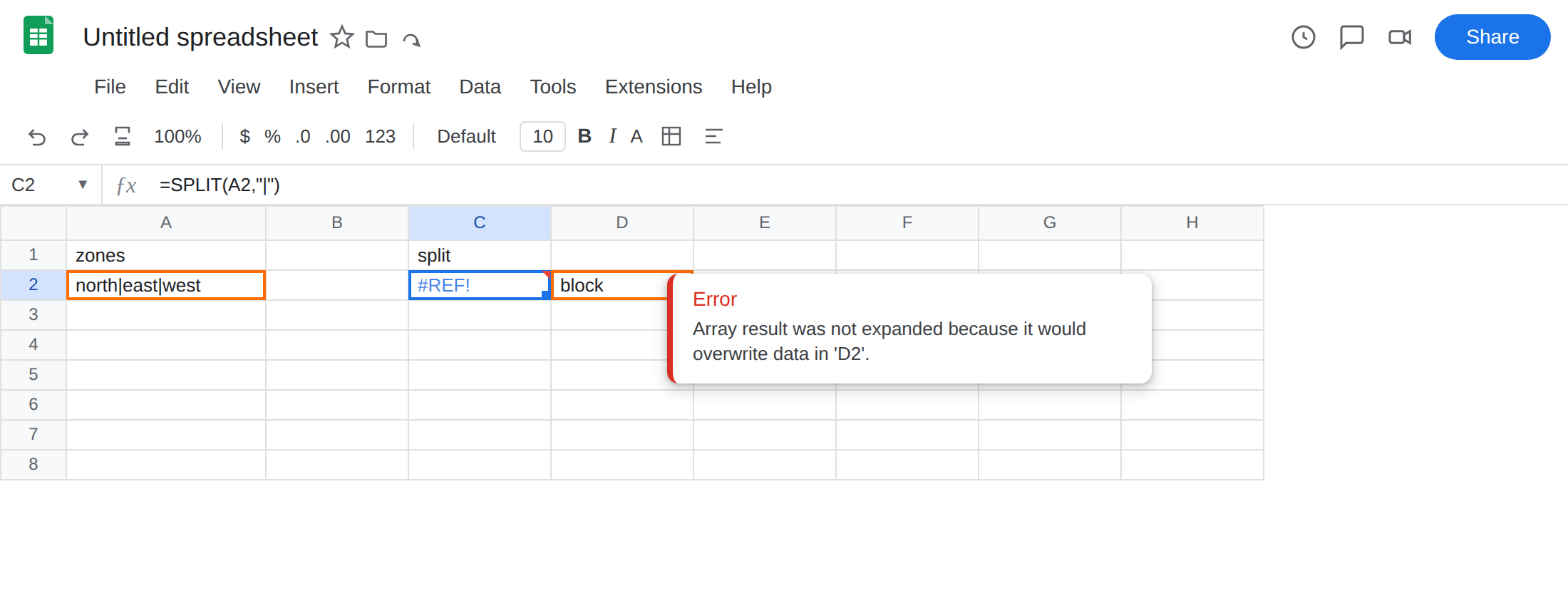 C2 selected. Formula bar shows =SPLIT(A2,"|"). C2 is #REF!. Tooltip: Array result was not expanded because it would overwrite data in 'D2'. D2 is block. A2 is north|east|west.