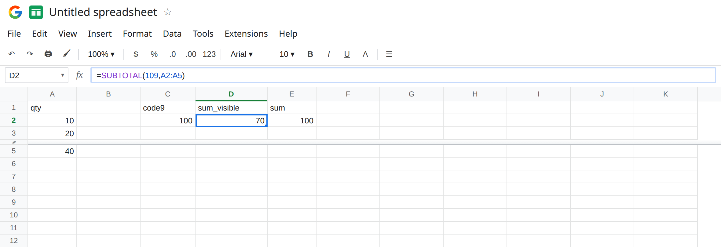 D2 selected. Formula bar shows =SUBTOTAL(109,A2:A5). D2 is 70 with row 4 hidden manually and no filter. C2 is 100. The visible quantities are 10, 20, and 40.