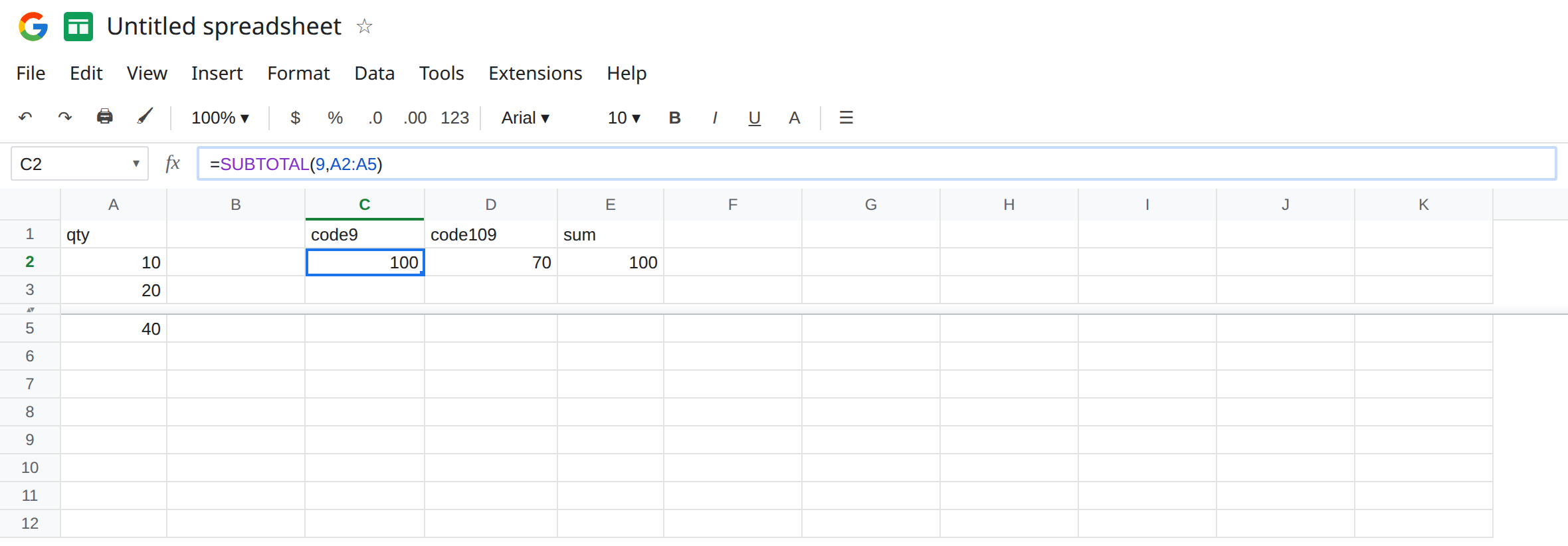 C2 selected. Formula bar shows =SUBTOTAL(9,A2:A5). C2 is 100, which still includes the manually hidden 30. Row 4 is hidden. Visible quantities are 10, 20, and 40.