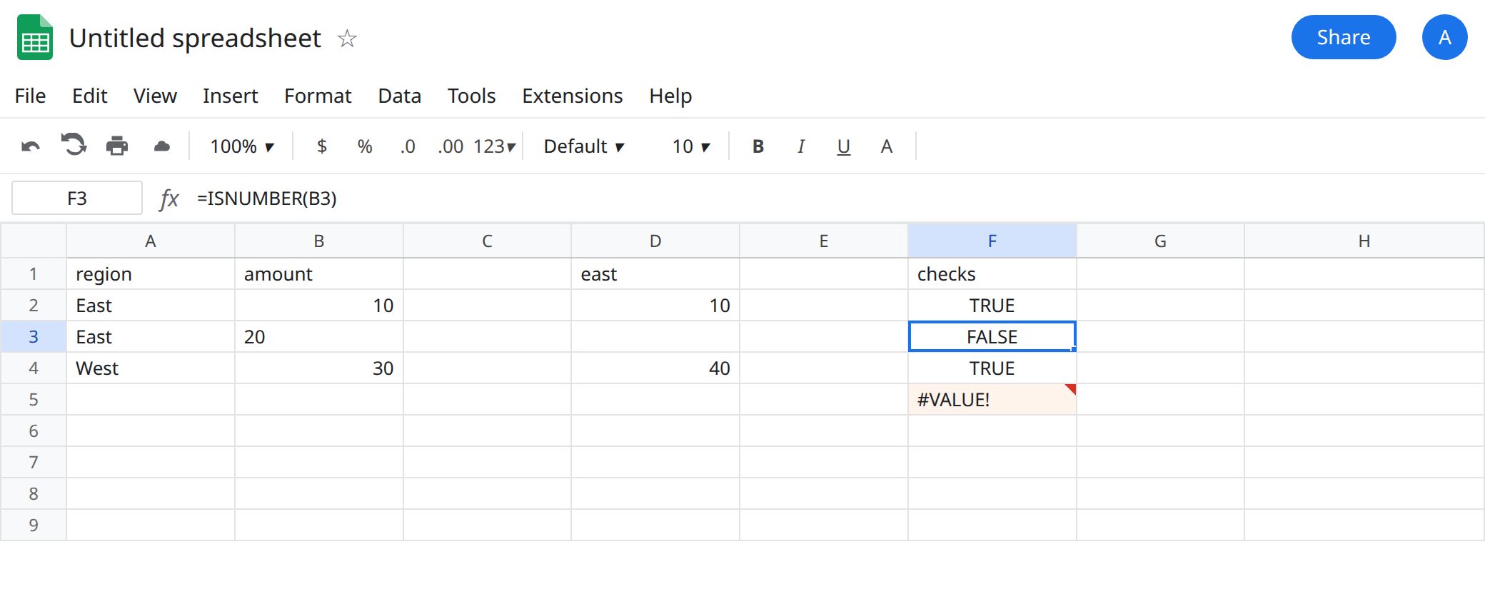 F3 selected. Formula bar shows =ISNUMBER(B3). F3 is FALSE. D2 is still 10. F5 is still #VALUE! from =B3+0. B2 is a real 10.